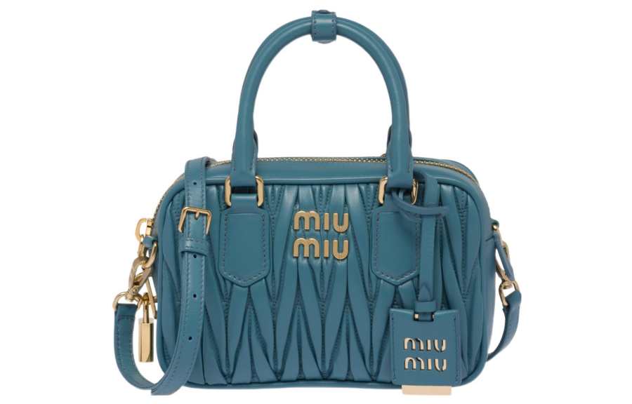MIU MIU Arcadie Leather Bowling Bag, Shoulder Bag, Crossbody Bag, Handbag Small Women's Light Blue