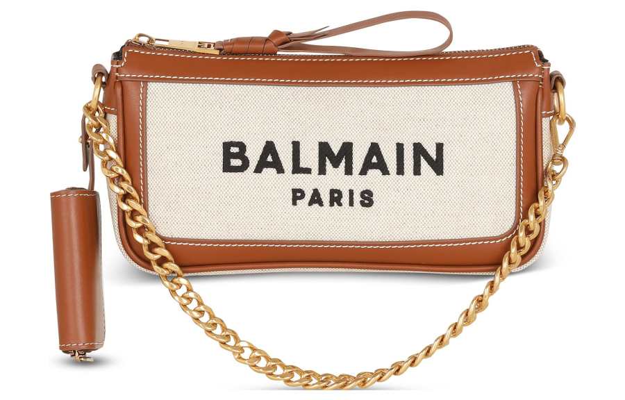 BALMAIN B ARMY Linen Calfskin With Cotton Canvas One Shoulder Crossbody Clutch Women's Brown/Beige
