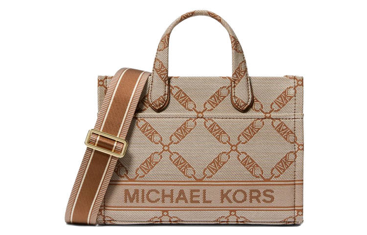 MICHAEL KORS Gigi Fabric Handbag Small Women's Beige & Leather Brown