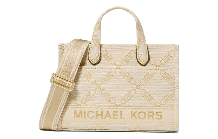 MICHAEL KORS Gigi Fabric Tote Bag, Shopping Bag, Handbag, Crossbody Bag Small Women's Beige & Gold