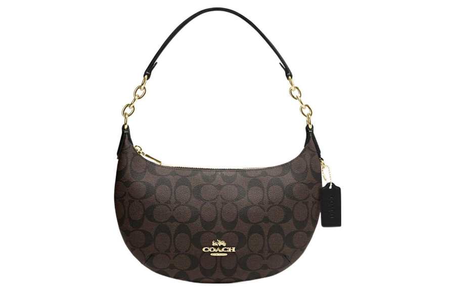 COACH Payton Coated Canvas With Leather Crescent Bag, Shoulder Bag Large Women's Dark Brown