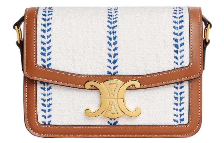 CELINE Triomphe Fabric With Cow Leather Shoulder Bag, Tofu Bag, Portable Crossbody Bag, Shoulder Bag Women's White/Blue