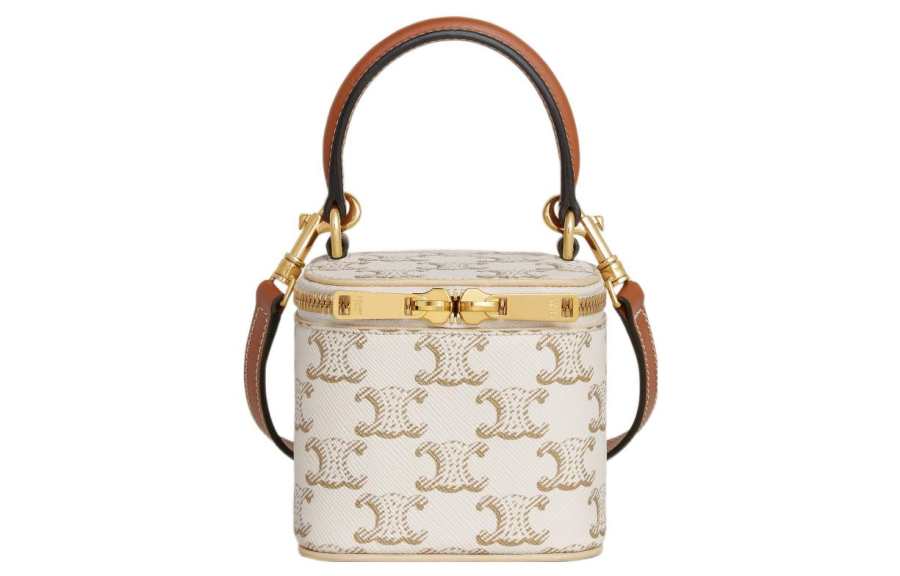 CELINE Triomphe Calfskin Trim Box Bag, Shoulder Bag, Crossbody Bag, Handbag Mini Women's White/Tawny