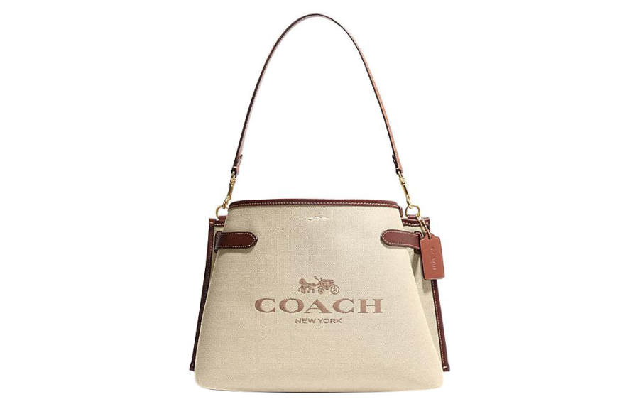 COACH Hanna Canvas With Leather Shoulder Bag, Portable Crossbody Bag Large Women's Khaki