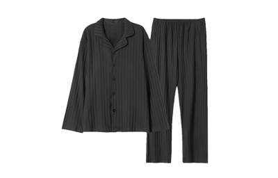 Xiang Ning Pai Stripes Minimalist Style Casual Long Sleeved Pants Pajama Set Men's Black