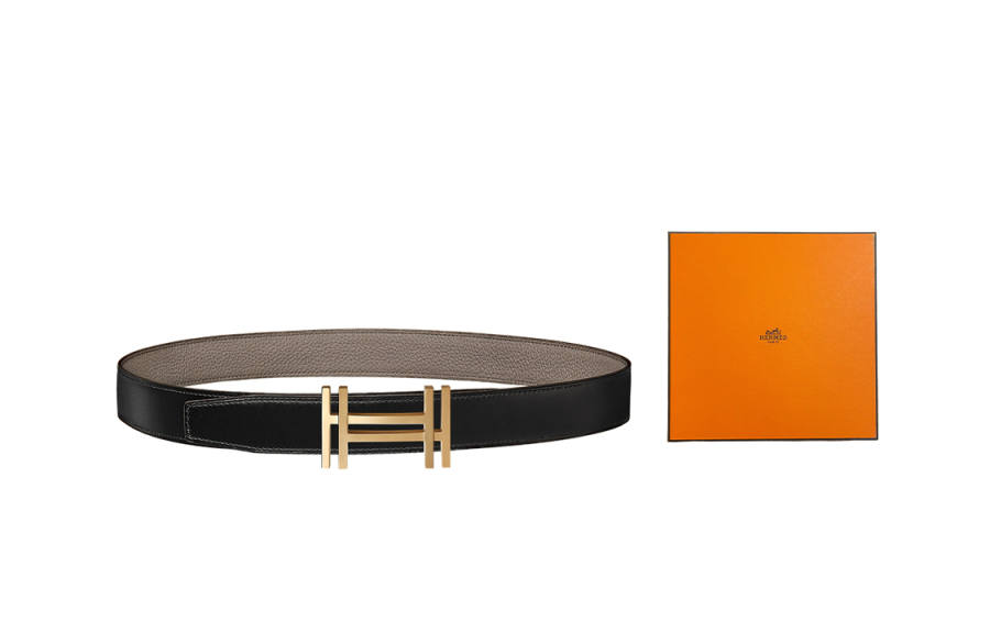 HERMES HERMES Double H Gold Buckle Reversible Belt Men Black/Tin Grey
