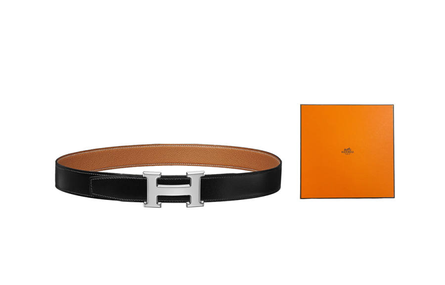 HERMES HERMES Constance Cow Leather Belts Men's Black/Gold Width 3.2cm