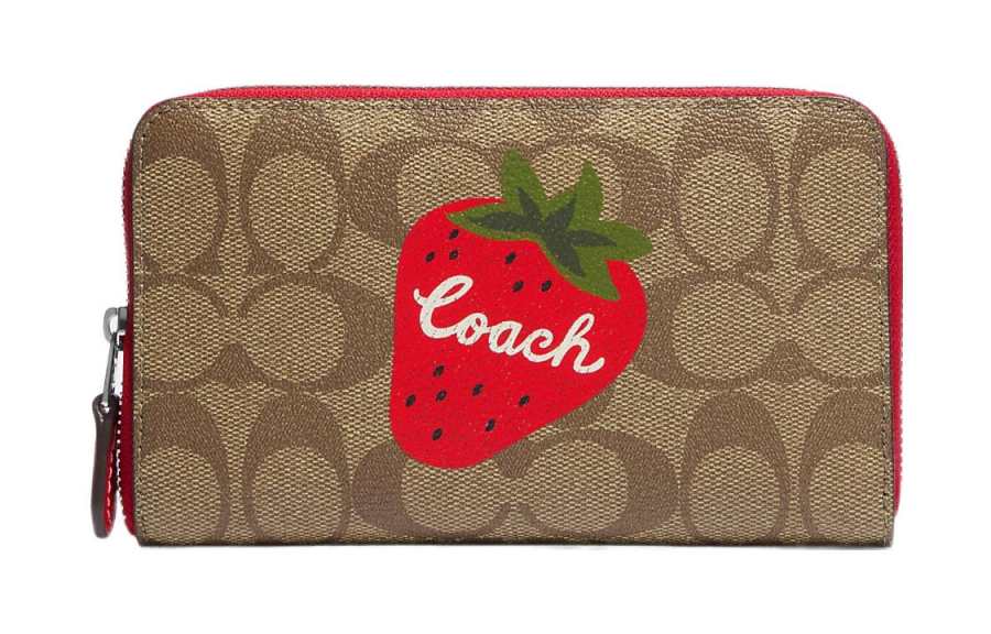 COACH COACH Id Zip Wallet Canvas With Leather Wallet Medium Women's Ebony & Red