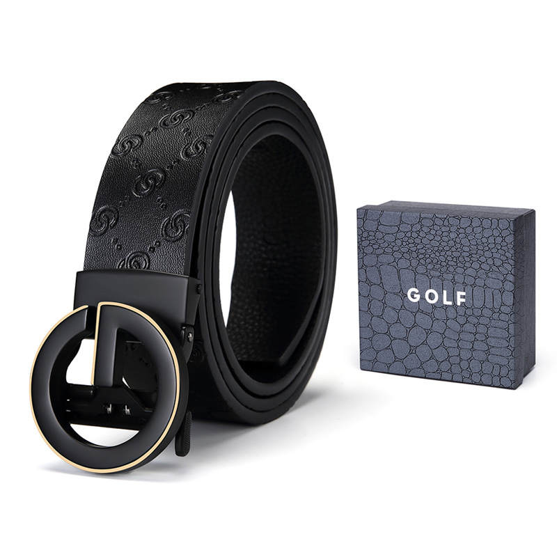 GOLF GOLF Cow Split Leather Automatic Buckle Belt Men's Black/Black Gold 3.5cm