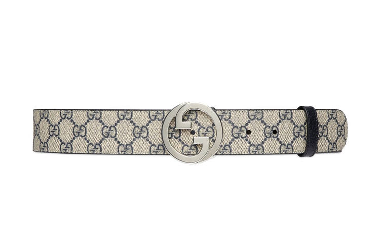GUCCI Blondie Canvas Leather Belts Men's Beige/Blue Width 4cm
