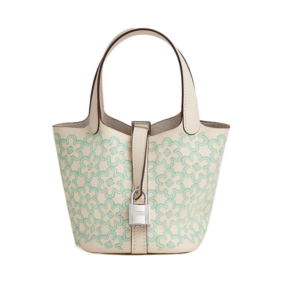 HERMES Picotin Lock Swift Calfskin Basket Bag, Bucket Bag, Handbag 14 Women's Gray White/Green
