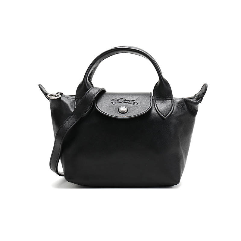 LONGCHAMP Le Pliage Cuir Sheepskin Dumpling Bag Handbag Mini Women's Black