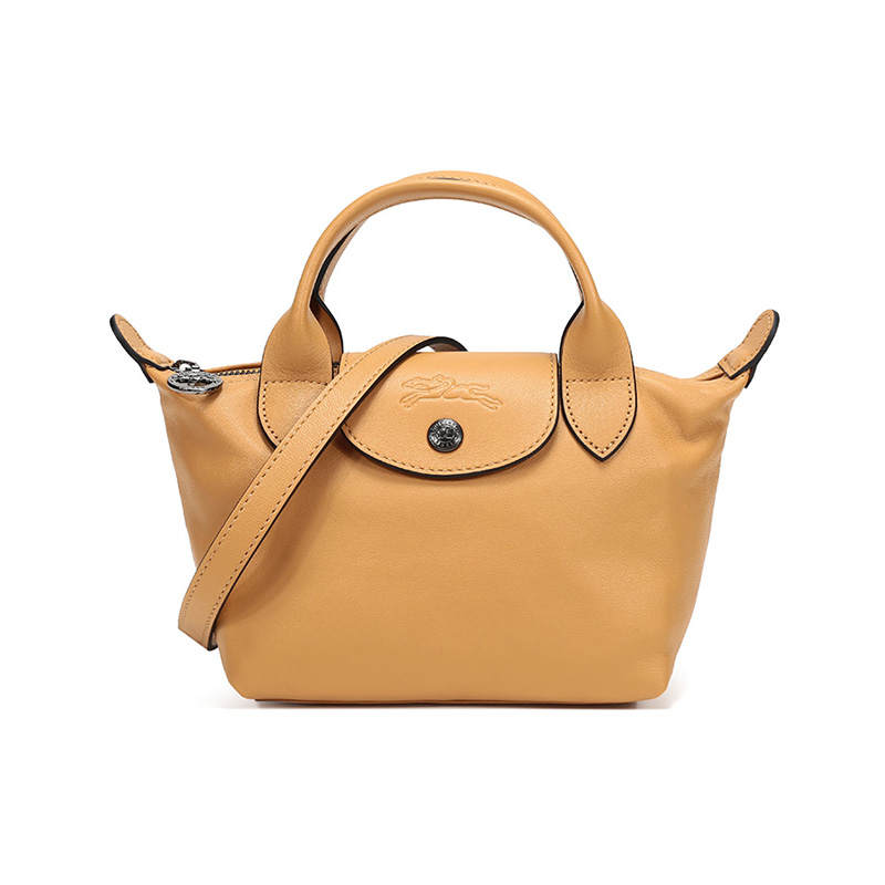 LONGCHAMP Le Pliage Cuir Sheepskin Dumpling Bag, One Shoulder Handbag Mini Women's Honey