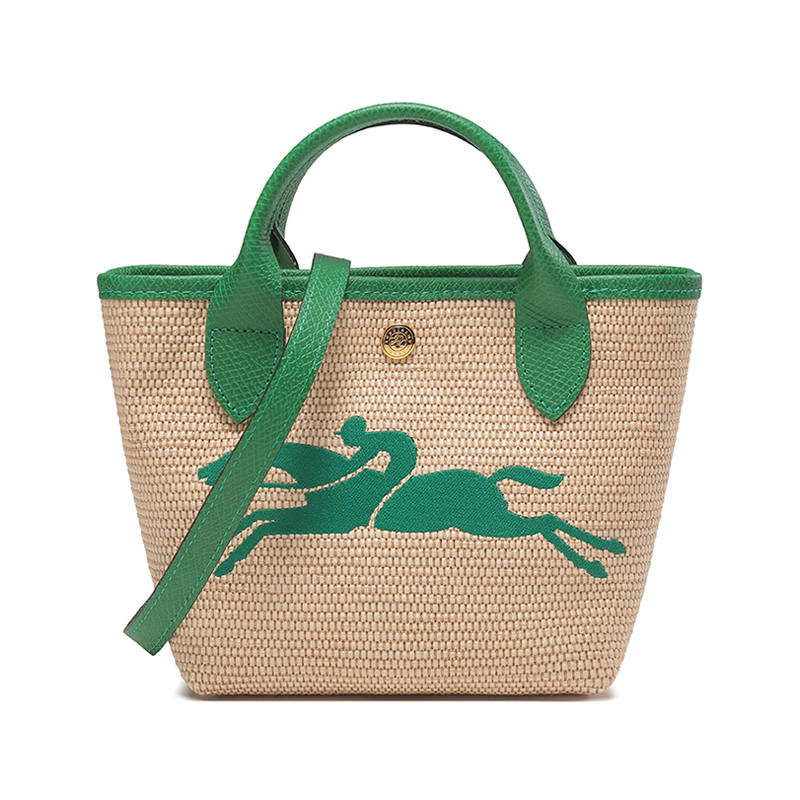 LONGCHAMP Straw Woven Linen With Cow Leather Dumpling Bag, One Shoulder Handbag Mini Women's Khaki & Green