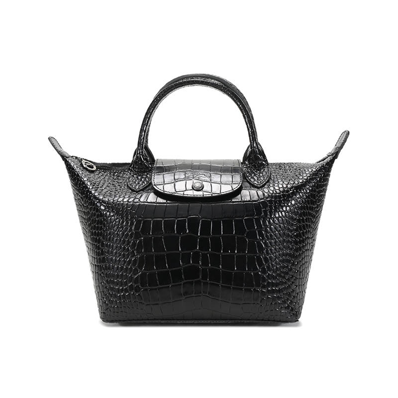 LONGCHAMP Le Pliage Cuir Crocodile Pattern Cow Leather Dumpling Bag Handbag Small Women's Black