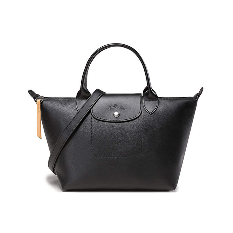 LONGCHAMP Le Pliage Cow Leather Canvas Handbag Small Women's Black