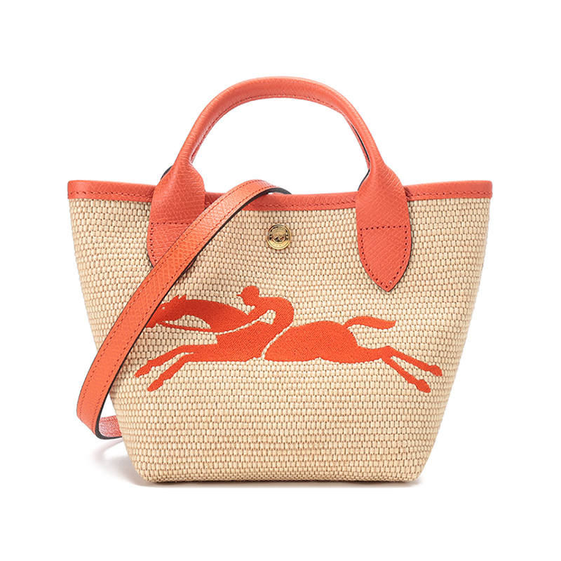 LONGCHAMP Straw Woven Linen With Cow Leather Dumpling Bag, One Shoulder Handbag Women's Khaki & Orange