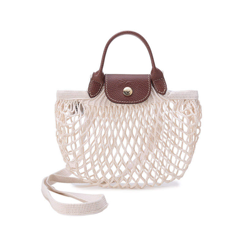 LONGCHAMP Le Pliage Filet Cotton With Leather Mesh Pocket Bag+Handbag Mini Women's Linen