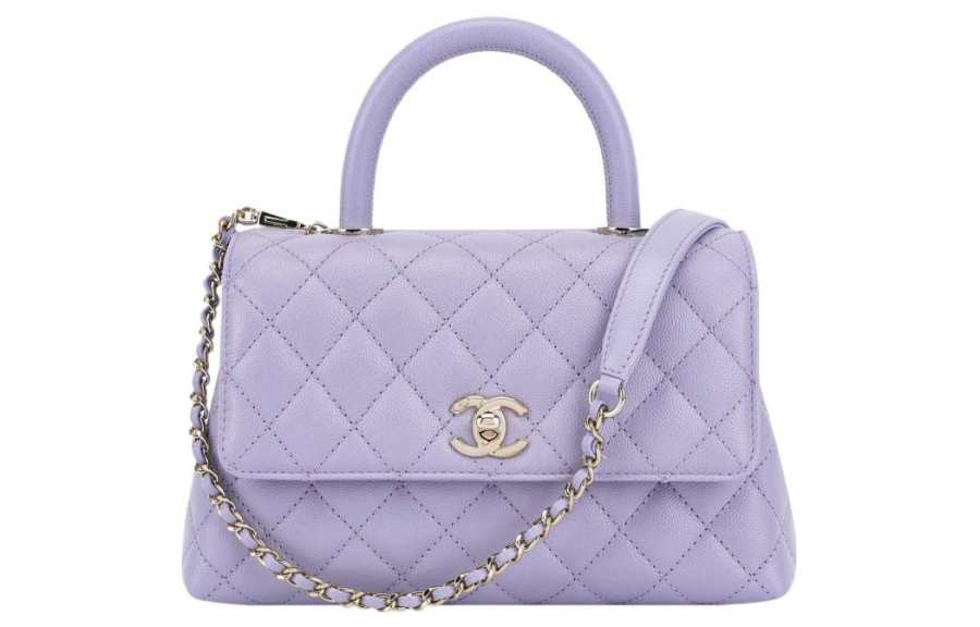 CHANEL Coco Handle Grain Cow Leather Material Gold Metal Flap Bag, One Shoulder Handbag Women's Light Purple