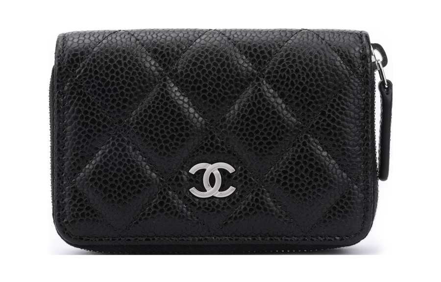 CHANEL Litchi Grain Calfskin Card Holder, Wallet Women's Black