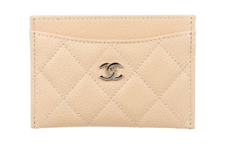 CHANEL Diamond Pattern Grain Embossed Cow Leather Card Holder Women's Beige