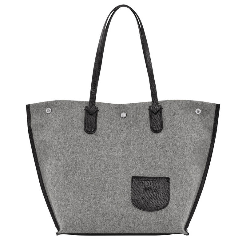 LONGCHAMP Le Roseau Wool With Cow Leather Trim Shopping Bag, One Shoulder Handbag Women's Gray