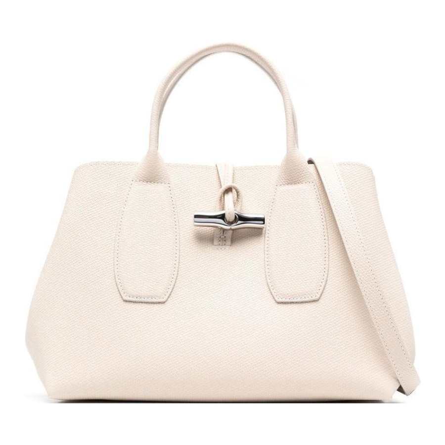 LONGCHAMP Le Roseau Cow Leather Shoulder Bag, Crossbody Bag, Handbag Medium Women's Paper White