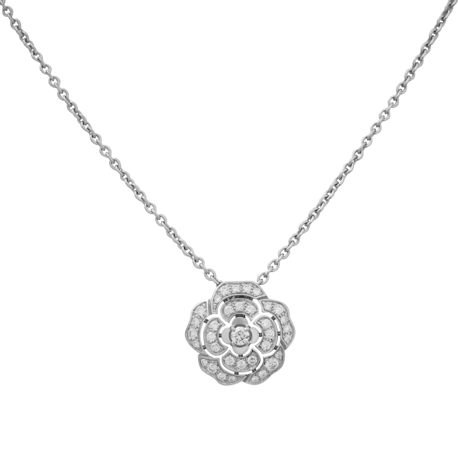 CHANEL Bouton De Camélia Diamond 18K White Gold Necklaces Women's Silver