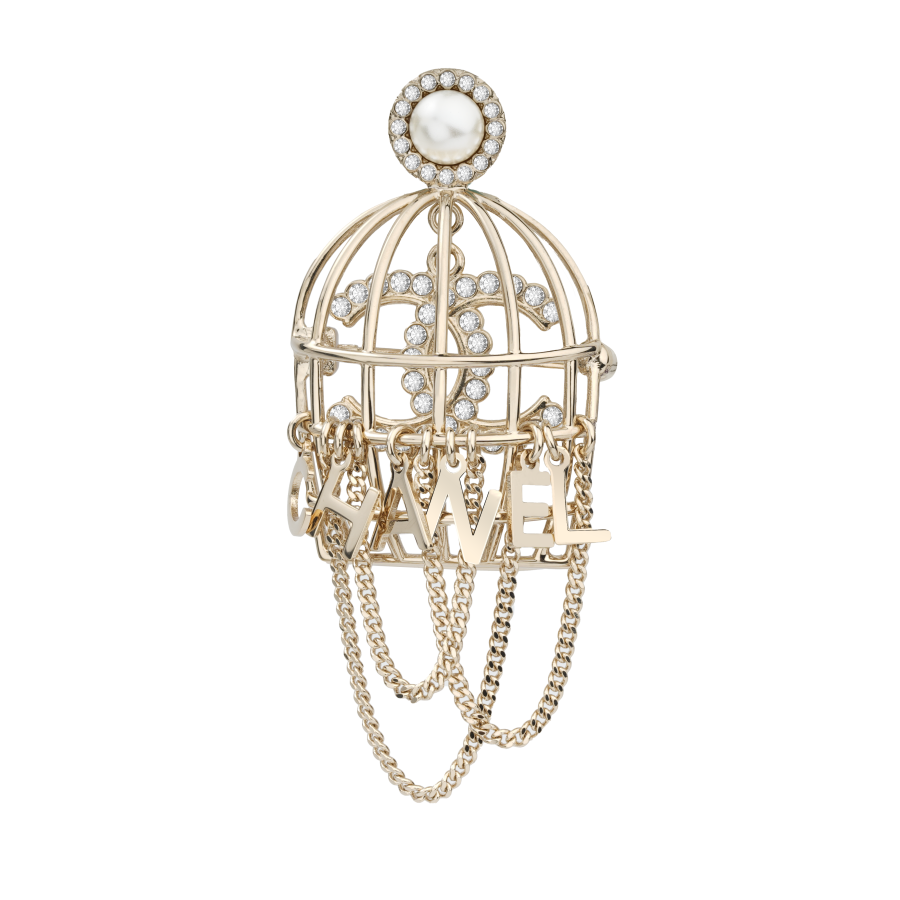 Chanel 2024 Cc Plated Faux Pearl and Rhinestones Logo Birdcage Brooch costume brooch