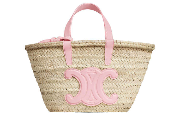 CELINE Teen Triomphe Palm Leaf With Cow Leather Basket Handbag Regular Women's Pink/Natural