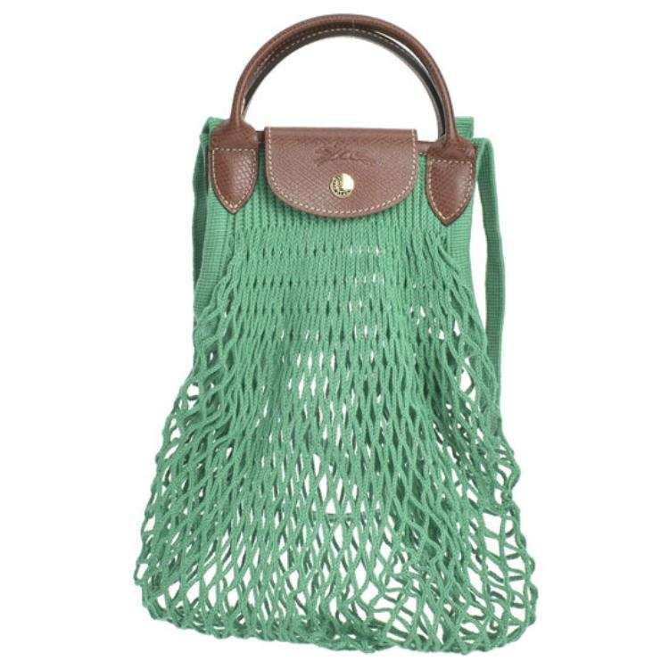 LONGCHAMP Le Pliage Cotton With Cow Leather Trim Shopping Mesh Pocket, One Shoulder Handbag Regular Women's Green