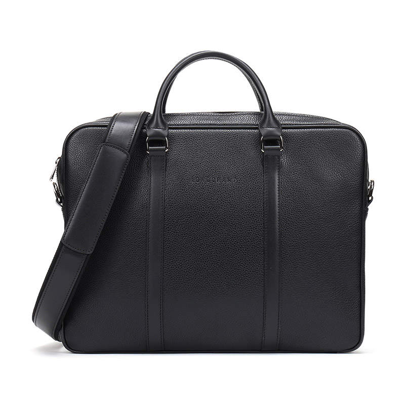 LONGCHAMP Le Foulonné Zip Closure Cow Leather Laptop Bag, Briefcase, One Shoulder Handbag Men's Black
