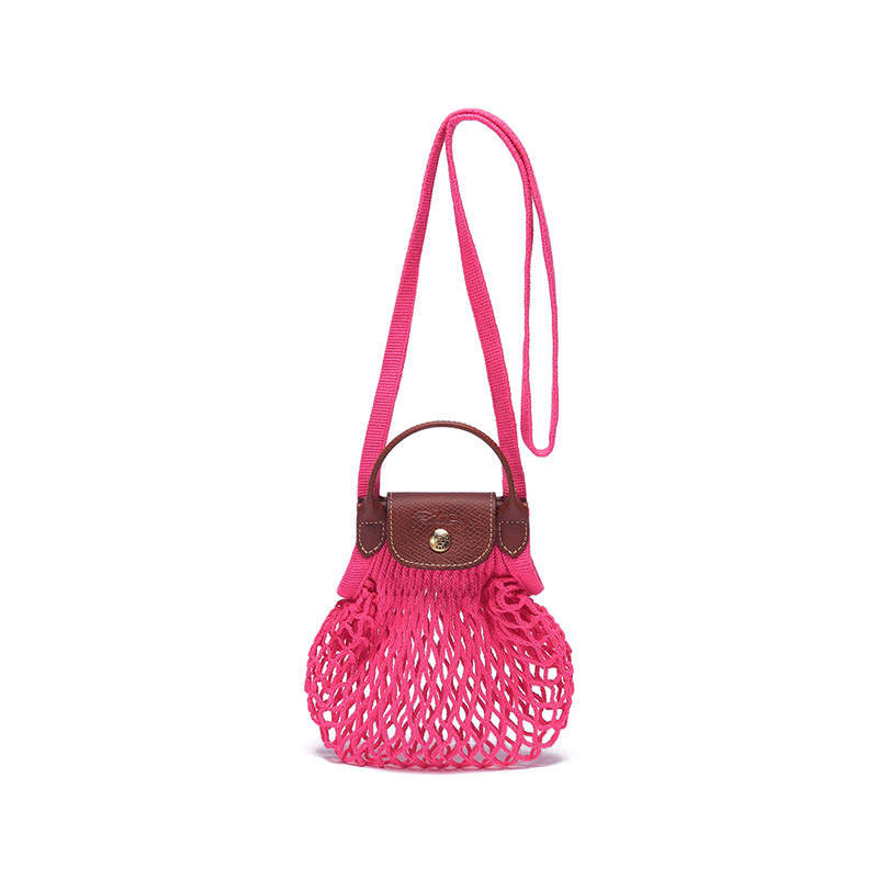 LONGCHAMP Le Pliage Cotton With Cow Leather Trim Mesh Pocket Handbag, Shoulder Bag, Crossbody Bag Mini Women's Pink