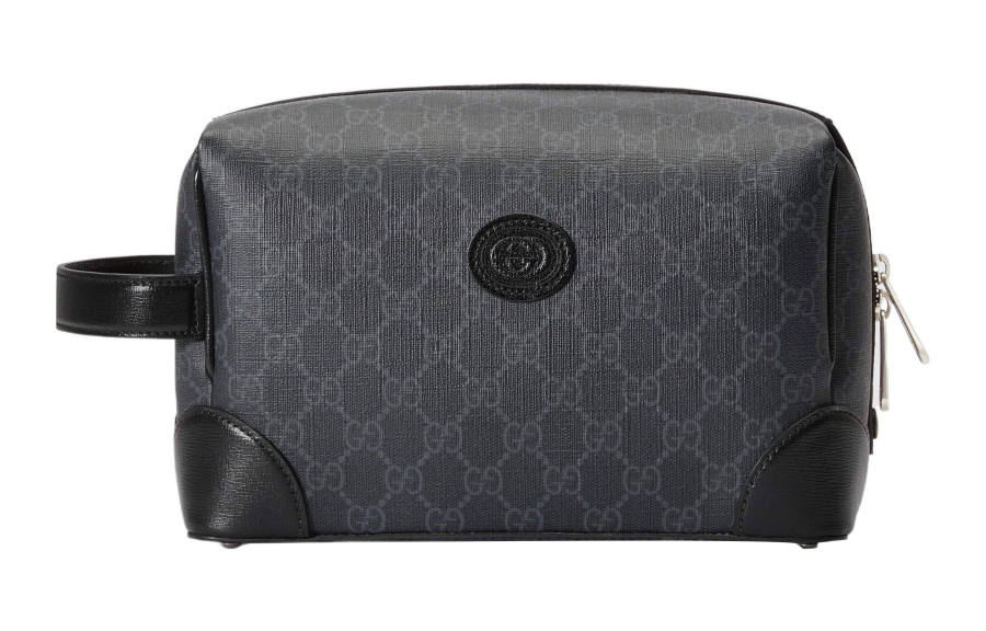 GUCCI Interlocking Canvas With Leather Trim Clutch Toiletry Bag Women's Gray