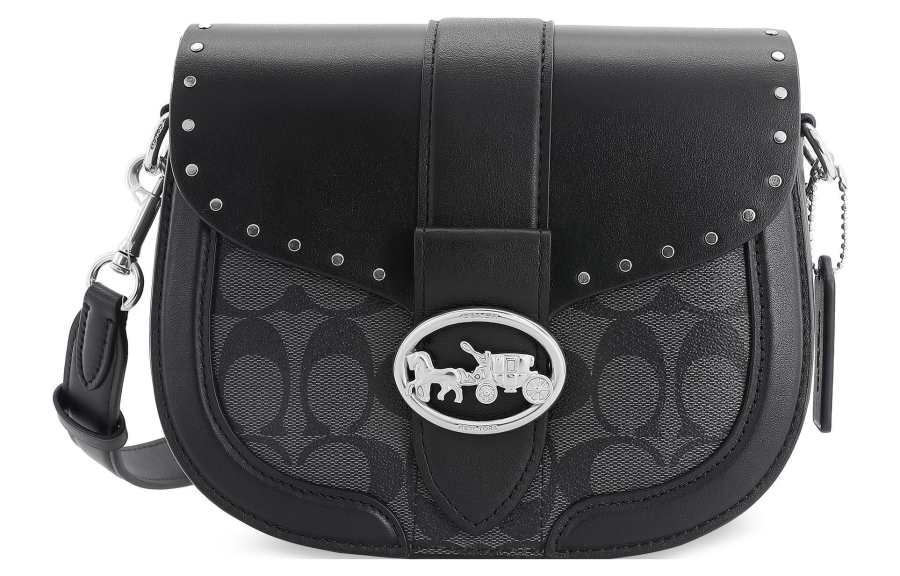 COACH Georgie Calfskin Saddle Bag, Bacchus Bag, Shoulder Bag, Crossbody Bag Medium Women's Black