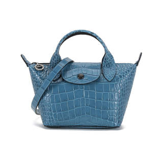 LONGCHAMP Crocodile Pattern Cow Leather Dumpling Bag Handbag Mini Women's Blue Gray