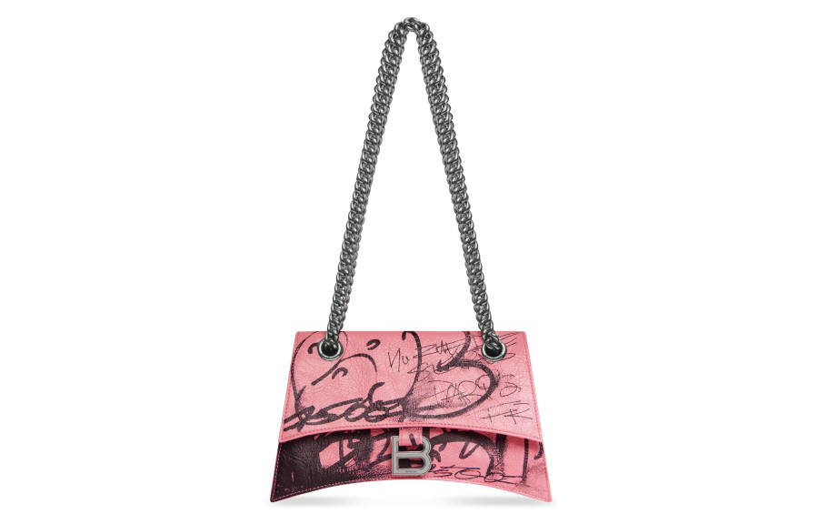 Balenciaga Crush Fine Grained Sheepskin Handbag, Shoulder Bag Women's Pink & Black