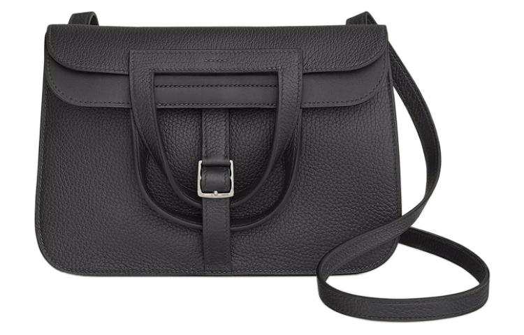 HERMES Halzan Silver Tone Buckle Leather Horseshoe Handbag, Crossbody Bag, Shoulder Bag Unisex 89 Noir Black