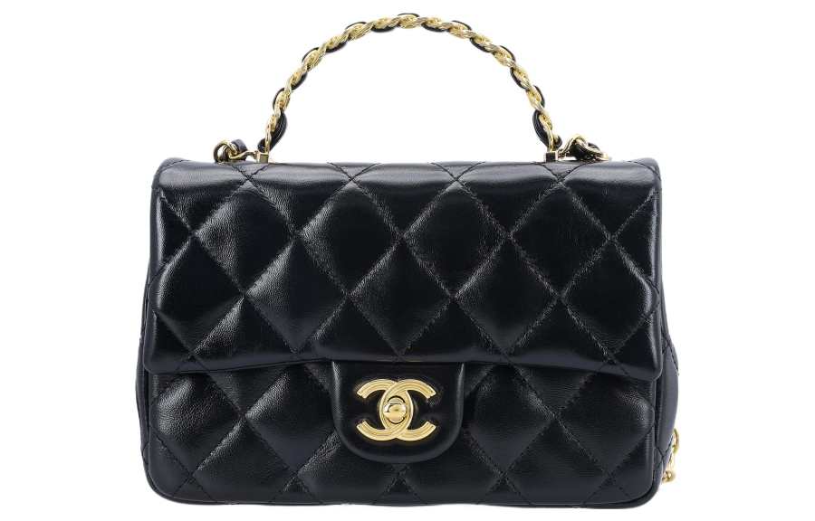 CHANEL Sheepskin Material Gold Metal Handbag Small Women's Black