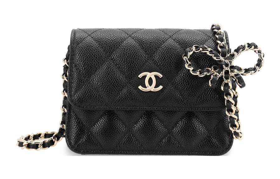 CHANEL Ribbon Chain Mini Cardholder Crossbody Black