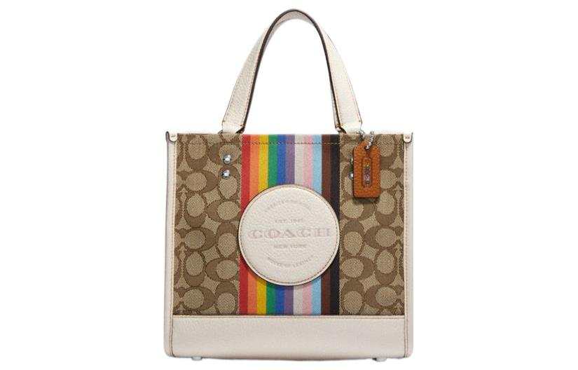 COACH Dempsey Fabric With Leather Tote Bag, Shopping Bag, Tote Bag, Shoulder Bag, Handbag Small Women's Brown & White