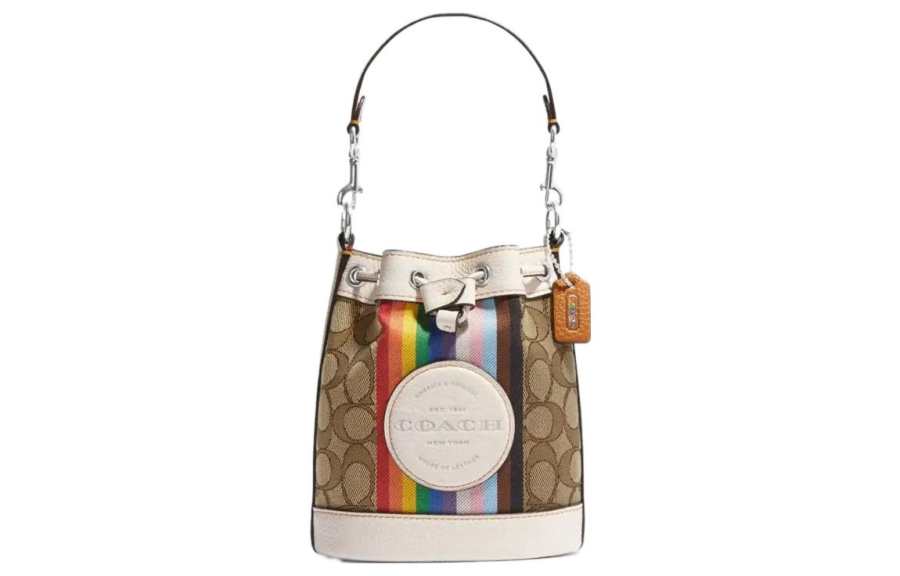 COACH Dempsey Canvas With Leather Bucket Bag, Shoulder Bag, Crossbody Bag, Handbag Mini Women's Brown & White