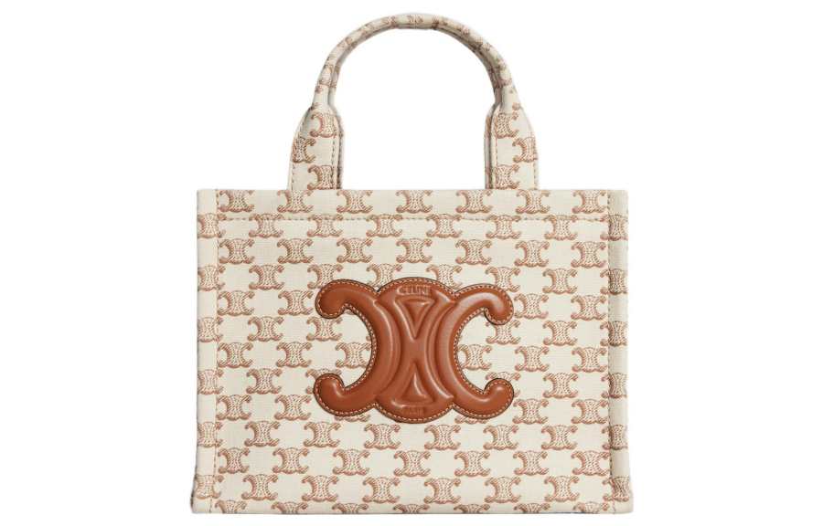 CELINE Triomphe Fabric With Calfskin Tote Bag, Shopping Bag, Handbag Small Women's Brown/White