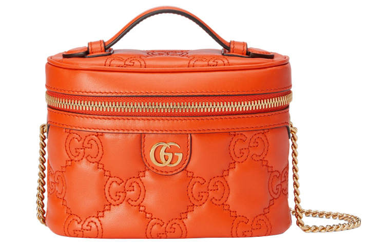 GUCCI GG Matelassé Leather Handle Bag Makeup Box Shoulder Bag, Handbag Mini Women's Orange