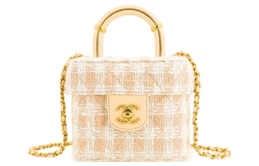 CHANEL Lambskin With Tweed Portable One Shoulder Crossbody Makeup Bag Small Women's Orange/White