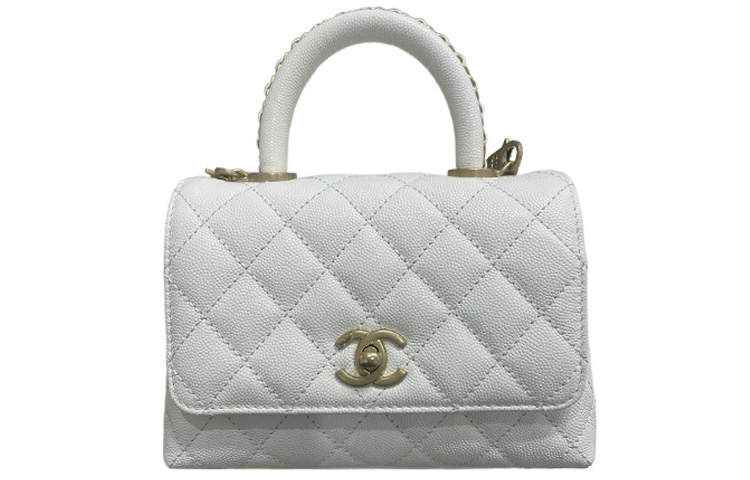 CHANEL 23P Spring Summer Coco Handle Litchi Grain Cow Leather Shoulder Bag, Crossbody Bag, Handbag Mini Women's White