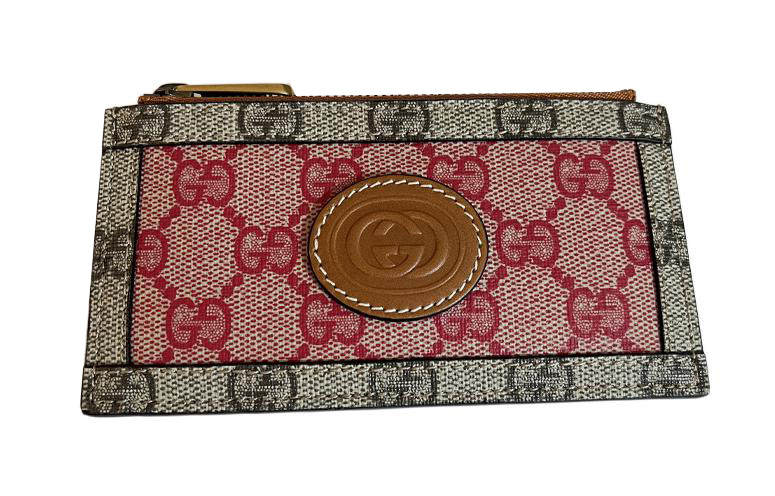 GUCCI Denim Patchwork Leather Card Holder Women's Red