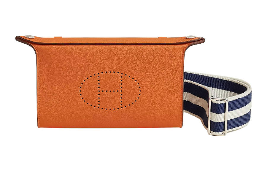 HERMES Videpoches Silver Tone Buckle Cow Leather With Canvas Crossbody Bags Men's Orange White