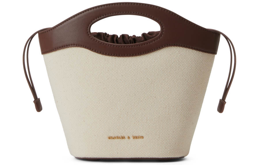 CHARLES&KEITH Canvas Bucket Bag, Handbag, Shoulder Bag, Crossbody Bag Small Women's Brown/White