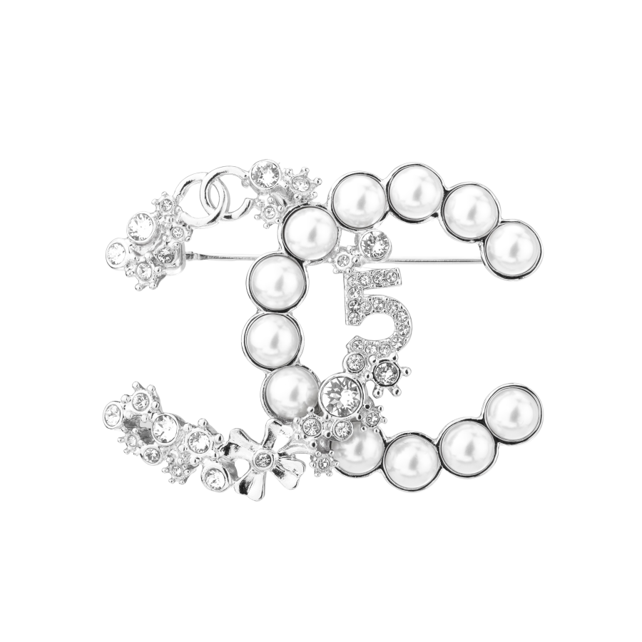 Chanel 2023 Plated Cc Crystal Faux Pearl Star 5 Brooch costume brooch